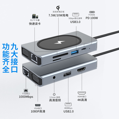 Adaptateur multifonctionnel USB type C HUB 9 en un et avec lecteur de carte mémoire