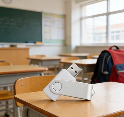 Une clé USB en plastique blanc caractéristique du matériel de recyclage à mémoire complète
