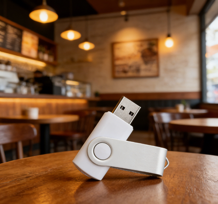 Une clé USB en plastique blanc caractéristique du matériel de recyclage à mémoire complète
