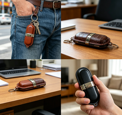 Mémoire USB en cuir de qualité A. Clé USB en cuir avec puce de qualité A et extérieur en cuir pour les cadres.