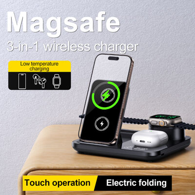 Chargeur sans fil 3 en 1 15W à charge rapide avec conception pliable et aspiration magnétique