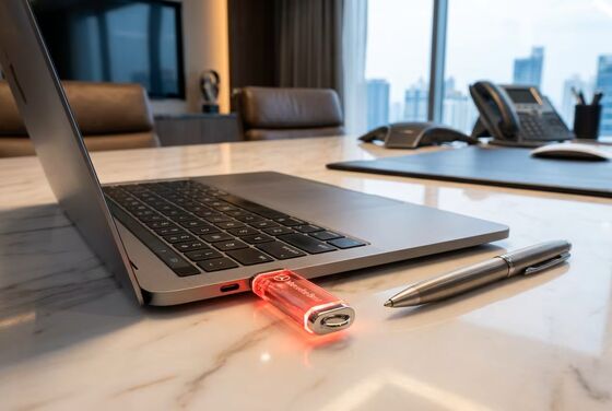 Gravure du logo sur l'acrylique à l'intérieur de la clé USB, choix parfait pour les conférences et expositions techniques.